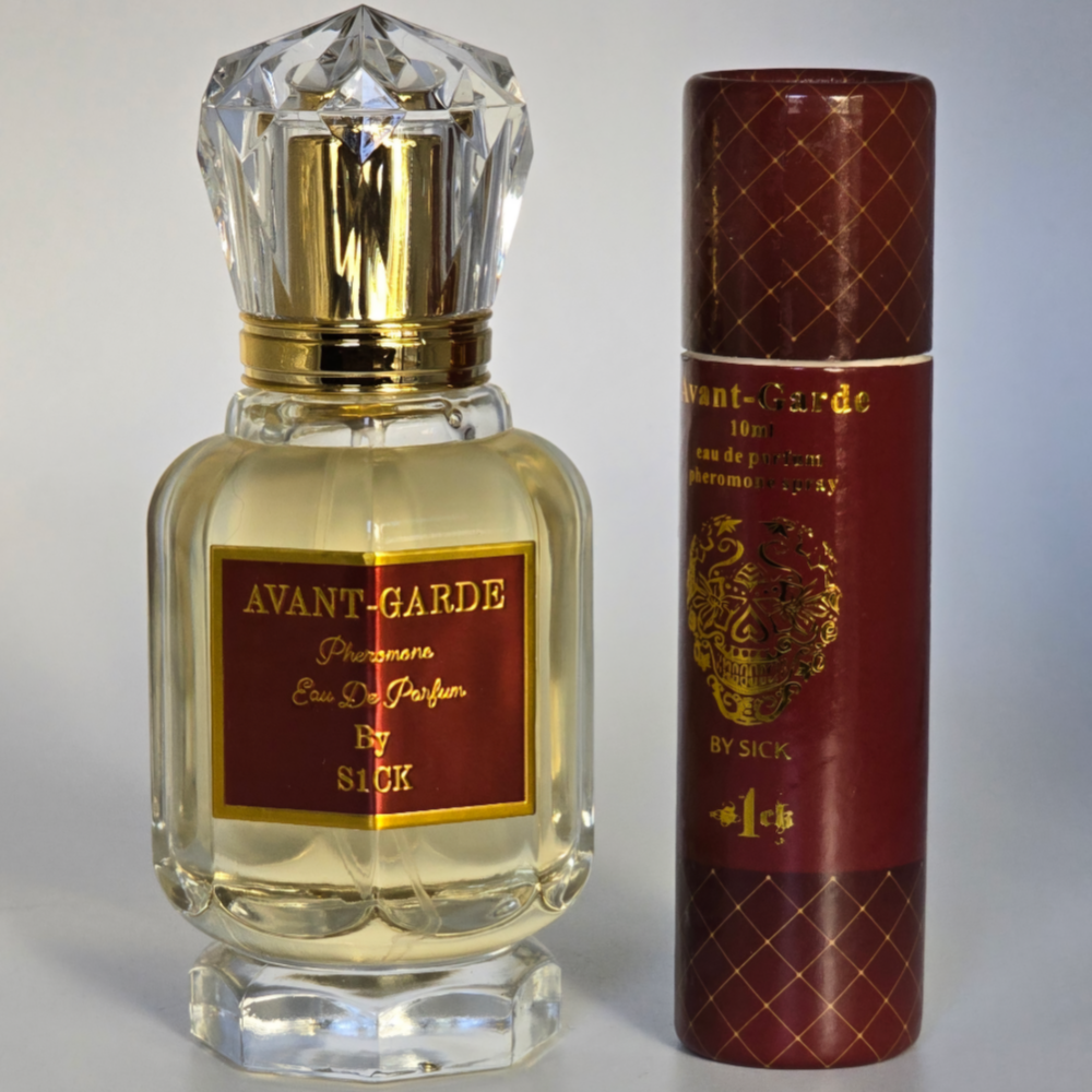 Avant‑Garde pheromone perfume bottle for men by S1CK – clear glass bottle with crystal‑cut cap and gold label
