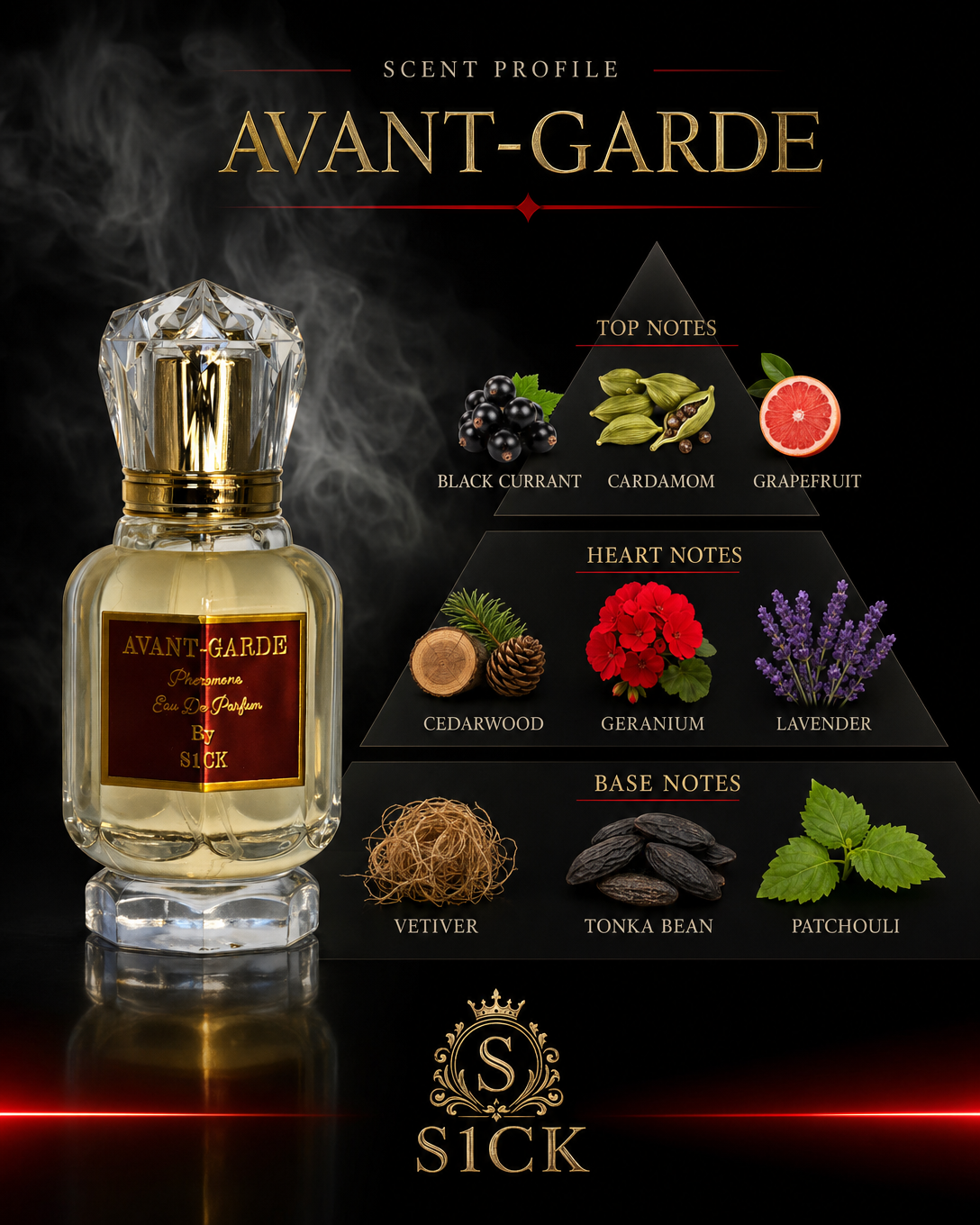 Avant‑Garde pheromone perfume bottle for men by S1CK – clear glass bottle with crystal‑cut cap and gold label